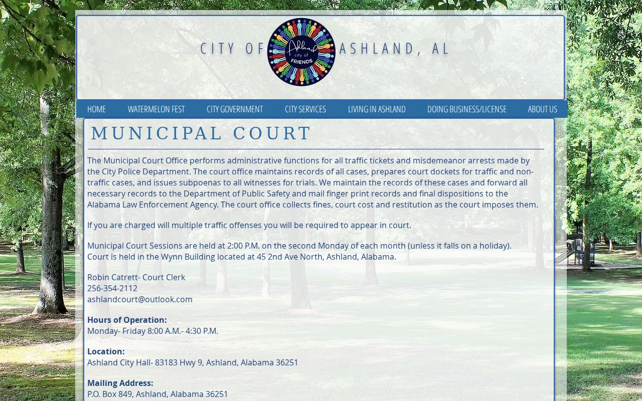 Ashland Municipal Court criminal record duties and contact page