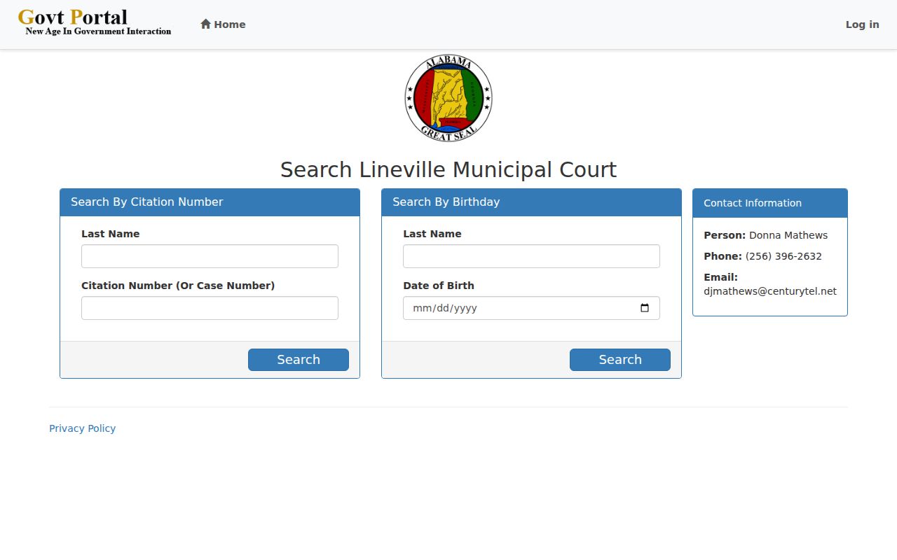 Lineville citation search fields used for court payments