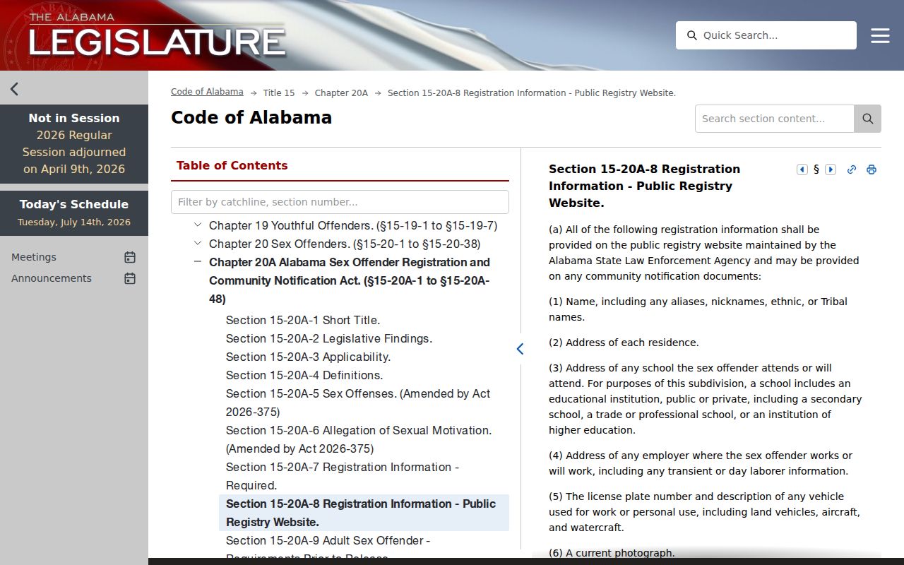 Clay County sex offender profile fields under Alabama Code section 15-20A-8